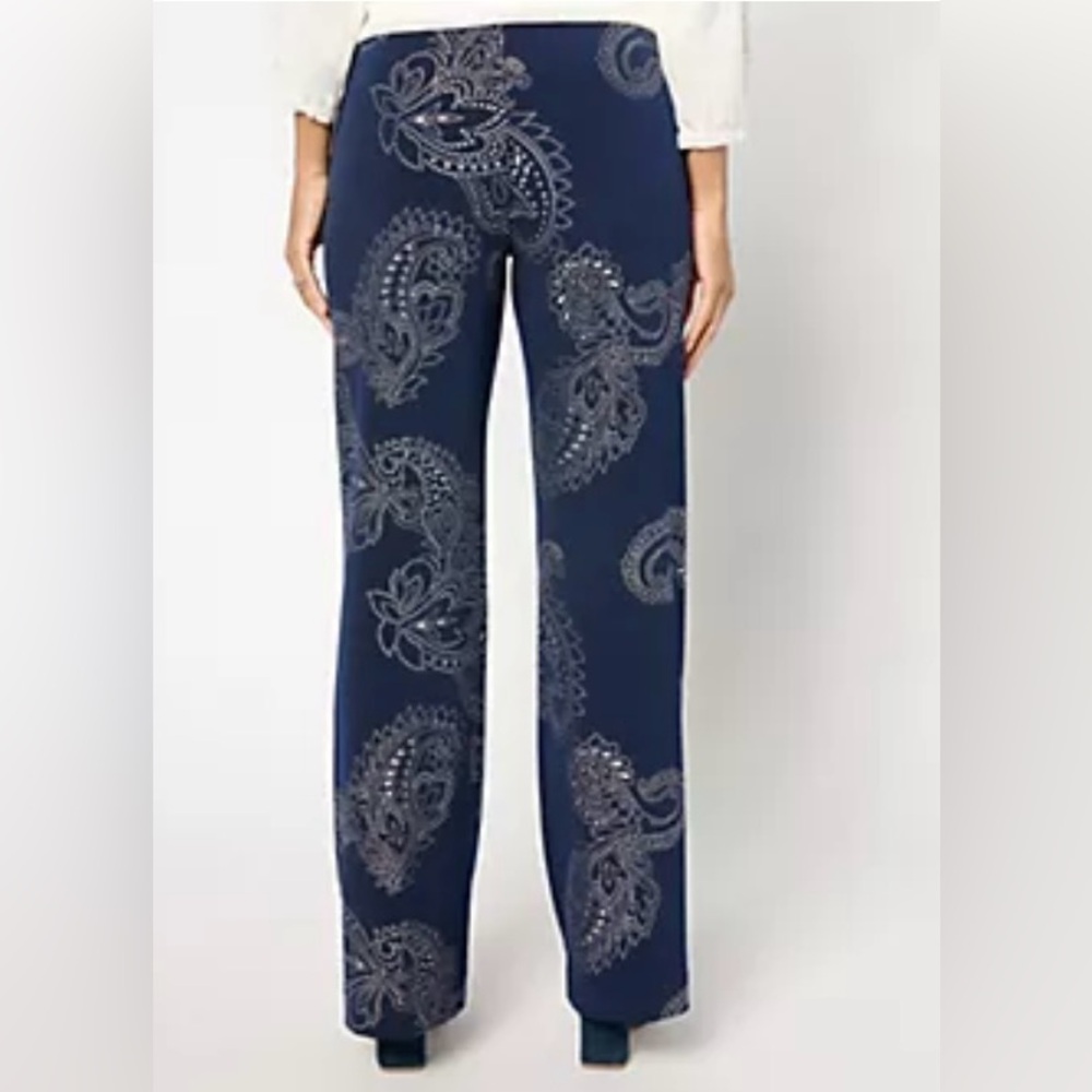 NWOT Susan Graver Liquid Knit Fusion Metallic Gold Foil Print Pants Sz 2x - Picture 3 of 5